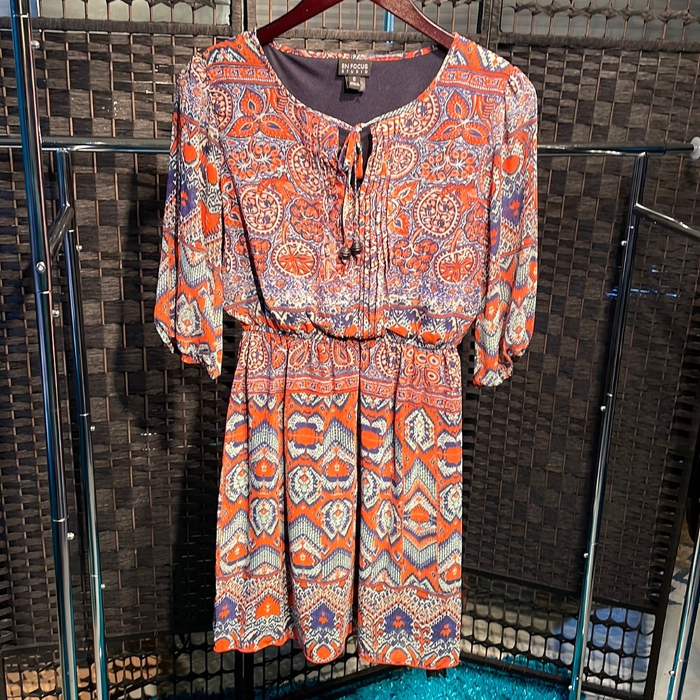 Enfocus studio size 6 midi dress 3/4 sleeves cinched casual dress Aztec design